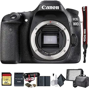 Canon EOS 80D DSLR Bundle: Bag, Battery, Mic, Lights (Renewed)