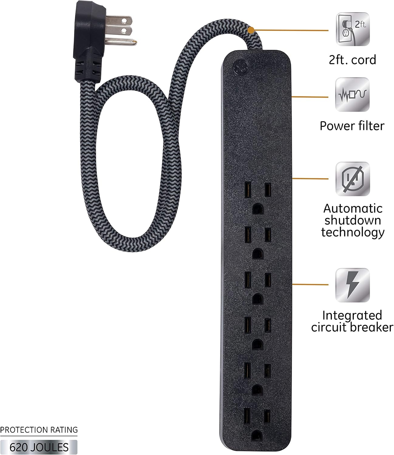 GE UltraPro 44070 6 Outlet Surge Protector Braided Cord