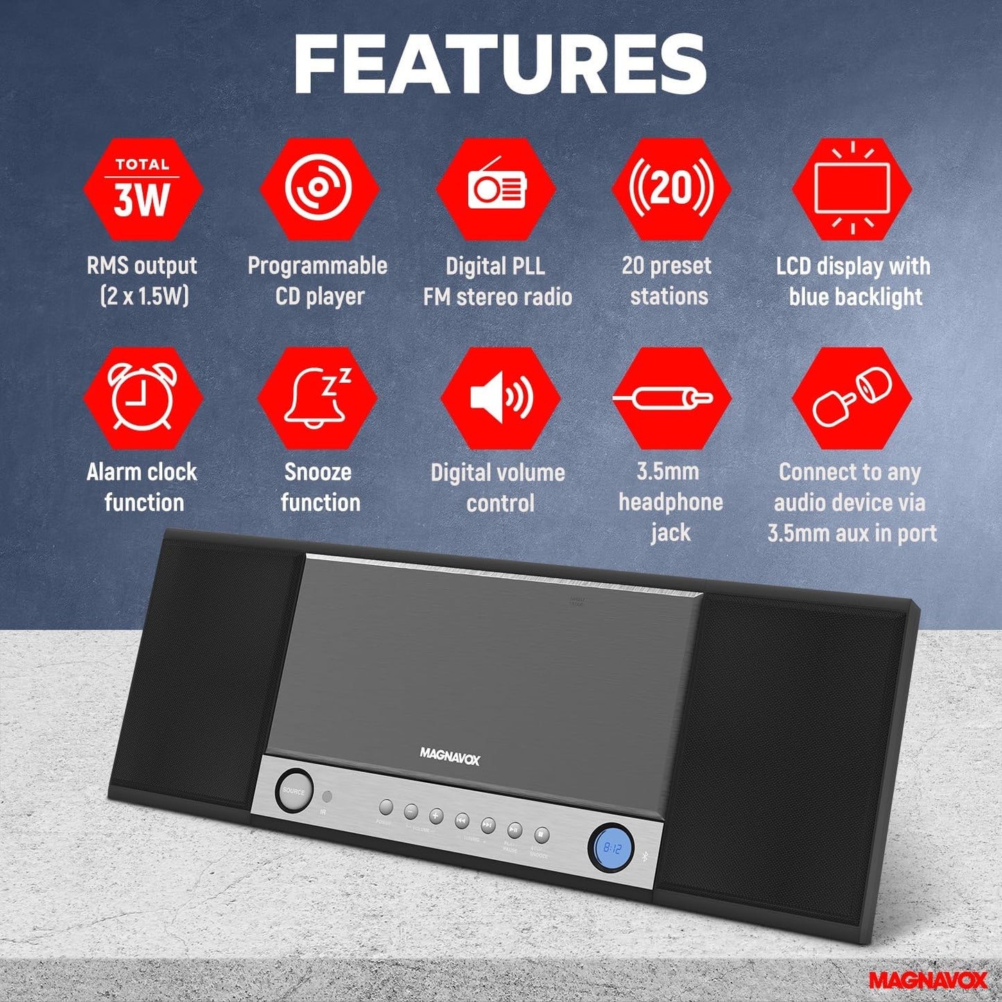 Magnavox MM444BT CD Shelf System - Bluetooth Stereo FM Radio