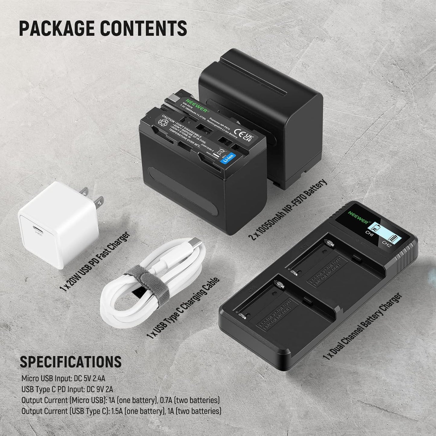 Neewer NW-F970 Battery 2-Pack Charger Set
