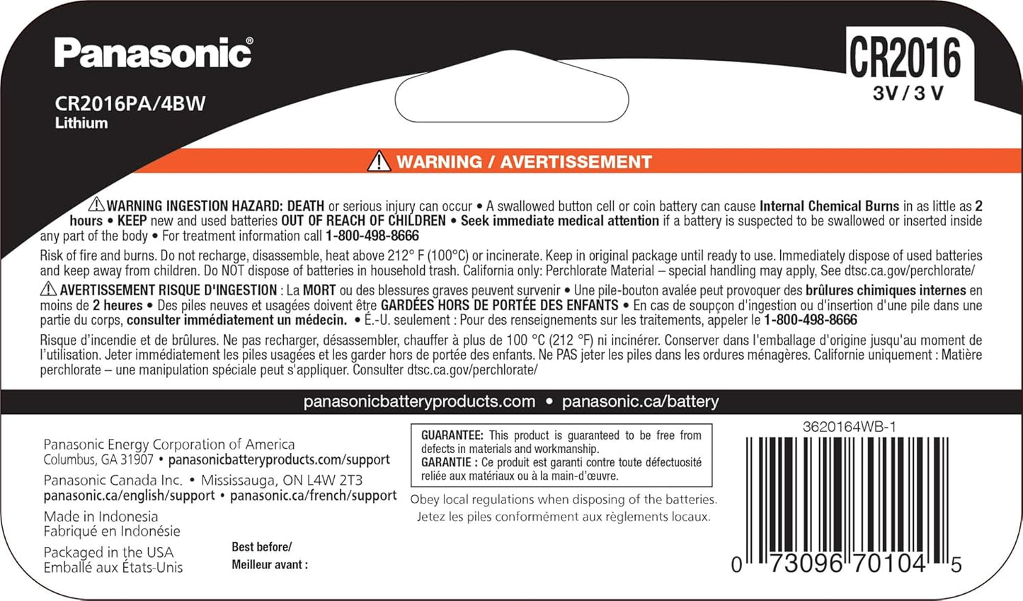 Panasonic CR2016PA/4BW Lithium Coin Cell 4-Pack