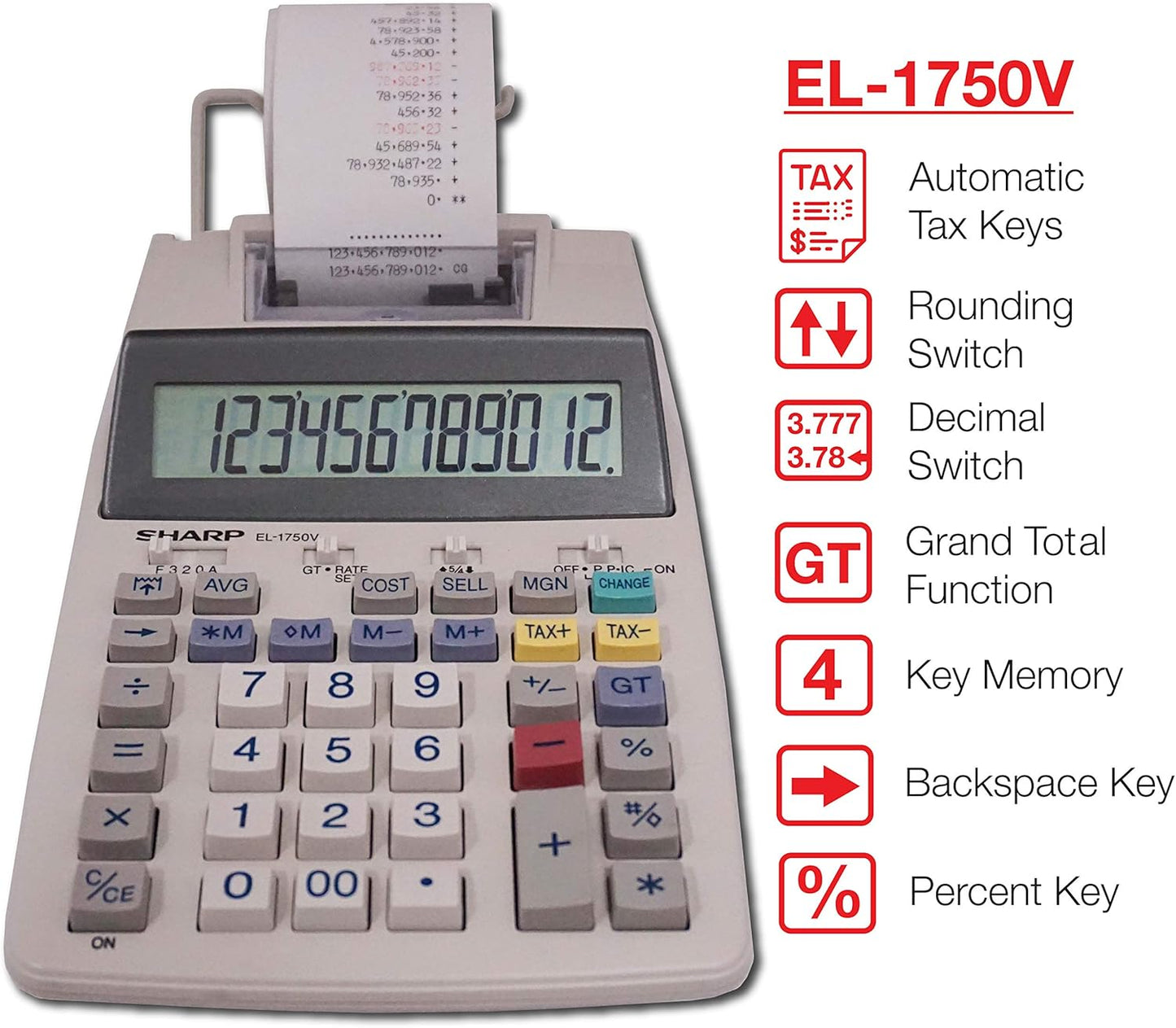 Sharp EL-1750PIIGY 12-Digit Printing Calculator - Desktop