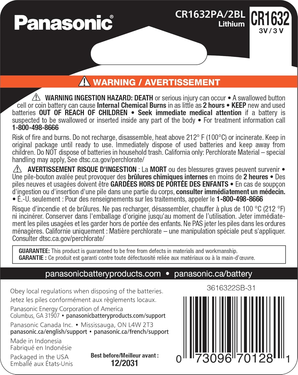 Panasonic B09QPM3RMB CR1632 3V Lithium Coin Cell Battery 2-Pack