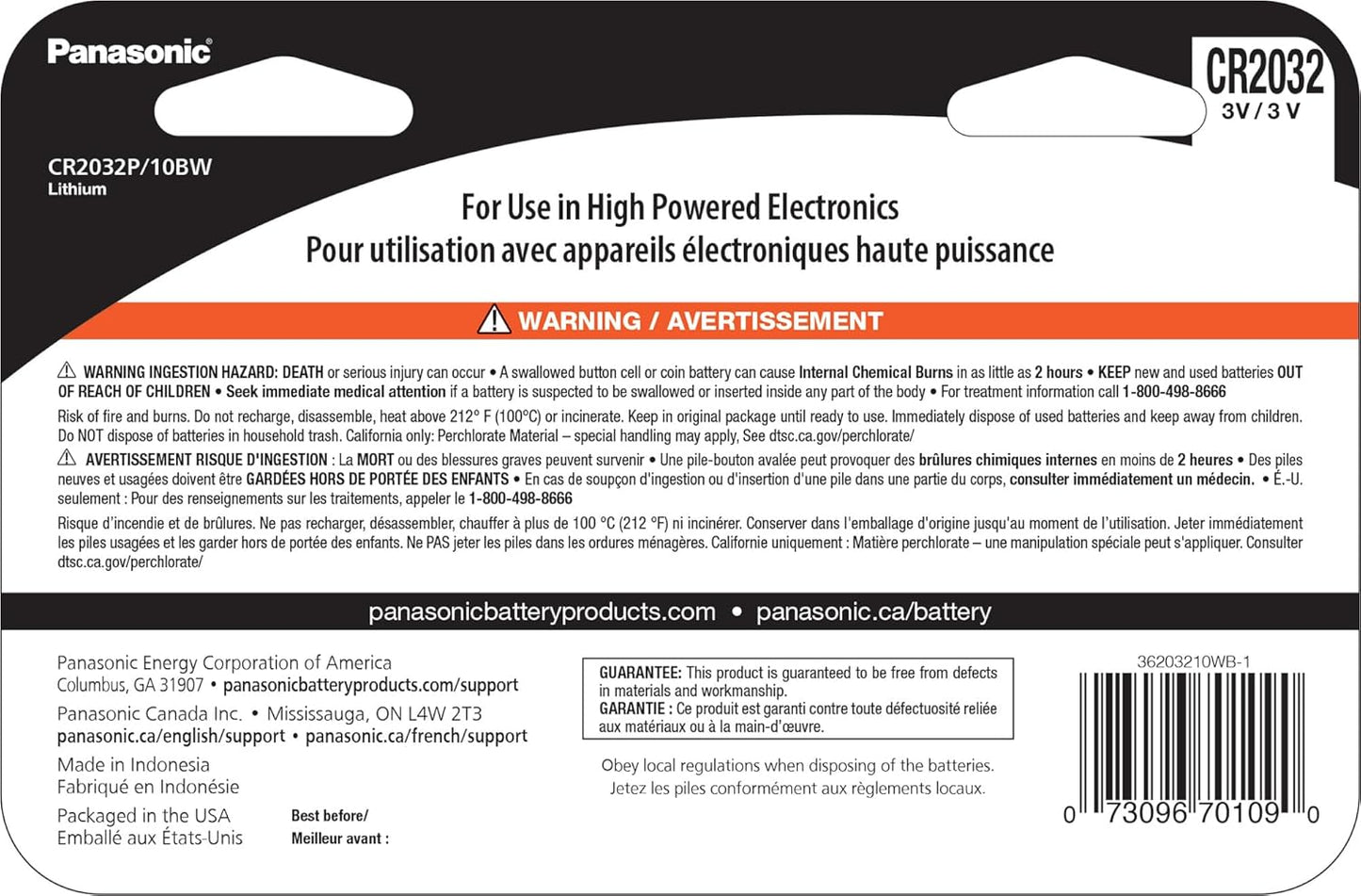 Panasonic CR2032 3V Lithium Coin Battery - 10 Pack Child-Resistant