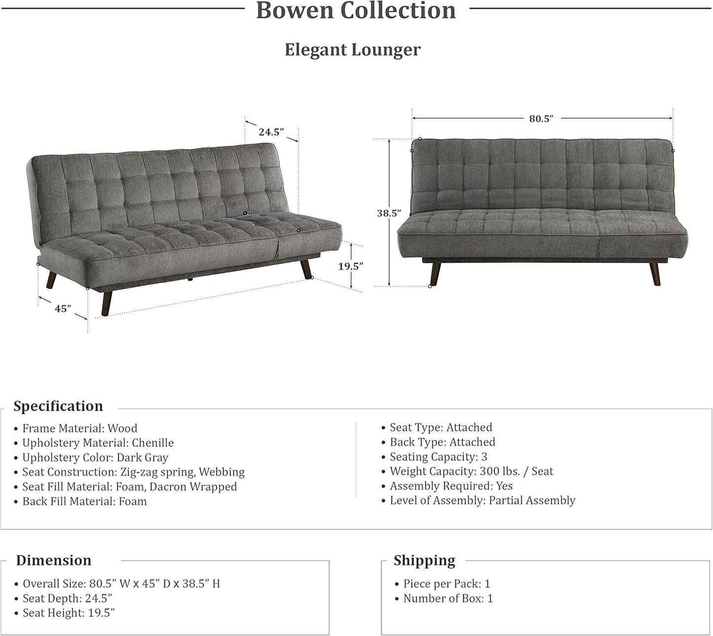 Lexicon 194840120780 Bowen Dark Gray Futon Sofa