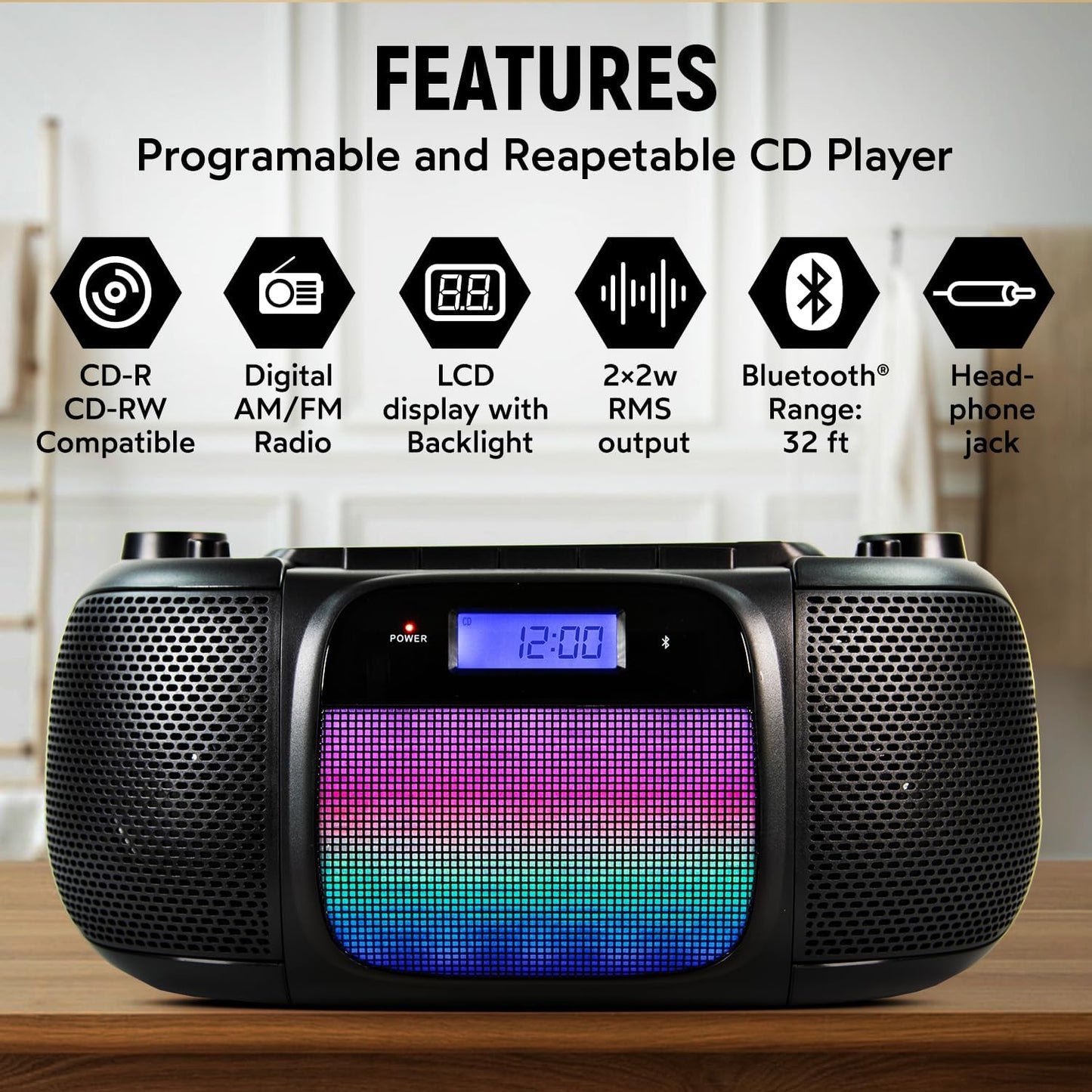 Magnavox MD6972 Portable CD Boombox Bluetooth Radio Lights