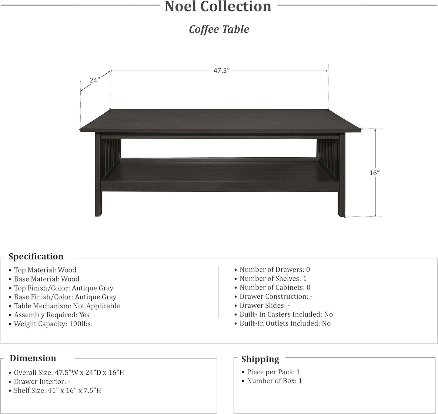 Lexicon 194840114581 Noel 3-Piece Antique Gray Coffee Table Set