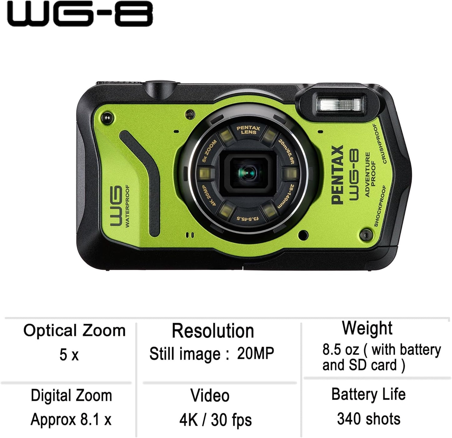 Pentax 01502 WG-8 Green Waterproof Adventure Camera