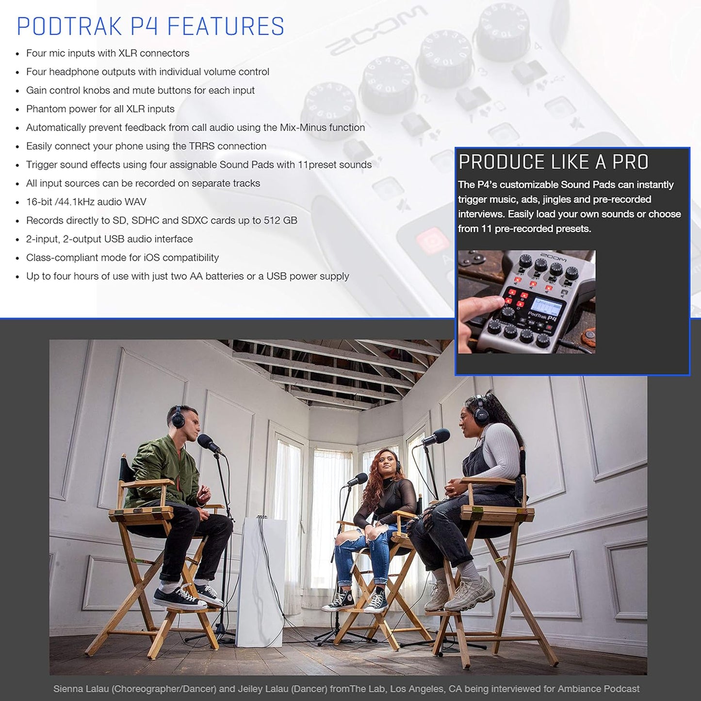 Zoom P4 PodTrak Portable Podcast Recorder Mic Bundle