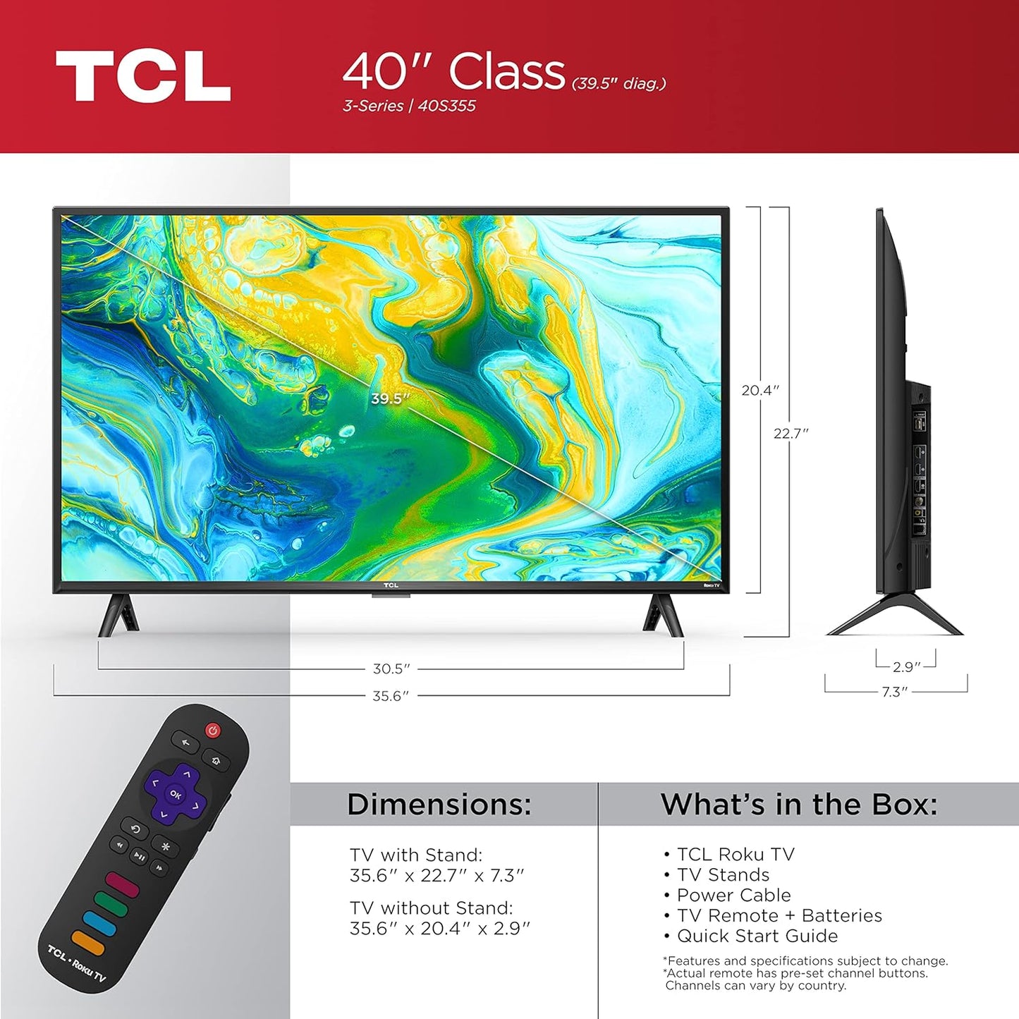 TCL 40S355 40" Class 3-Series Full HD 1080p Roku Smart TV