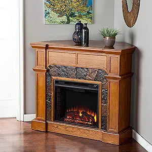 Misc Oak Corner Electric Fireplace Brown Remote