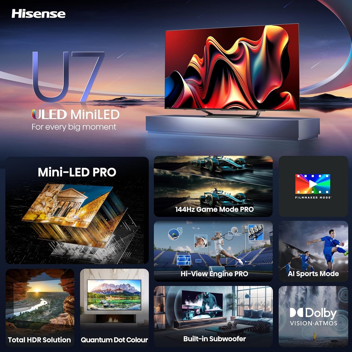 Hisense 85U7N 85-Inch ULED 4K Mini-LED QLED 144Hz Google TV