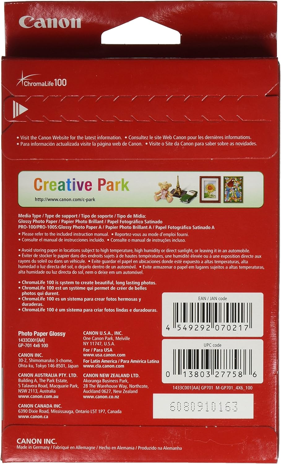 Canon 1433C001 Ink Glossy 4x6 Photo Paper - 100 Sheets