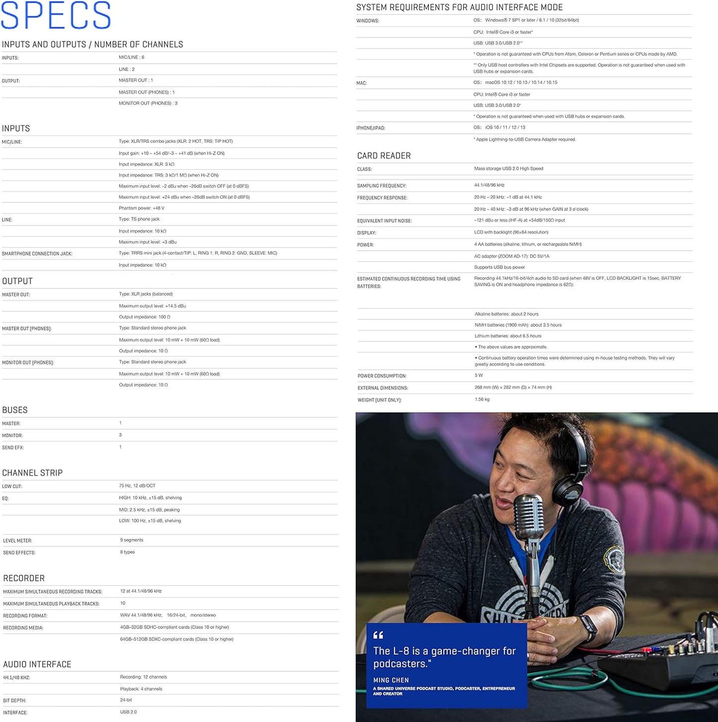 Zoom LiveTrak L-8 Podcast Mixer Bundle ZDM-1 Microphones