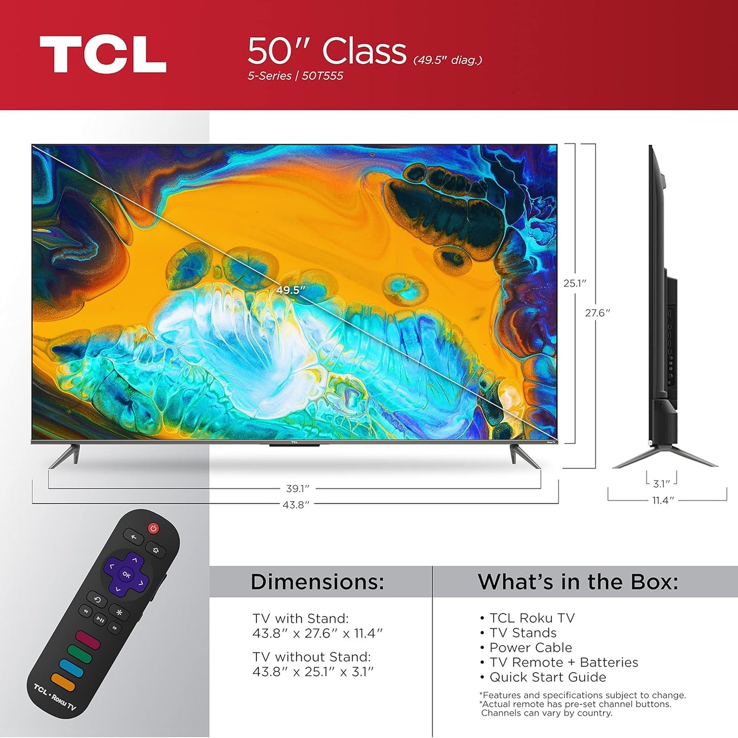TCL 50T555 50-Inch 5-Series 4K UHD QLED Roku TV