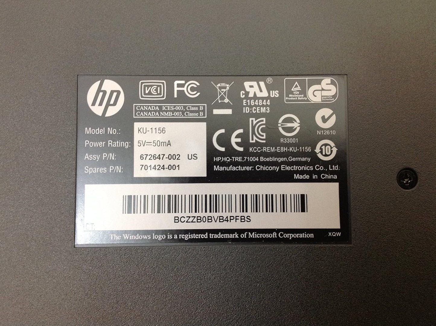 HP 672647-002 Black USB Keyboard KU-1156