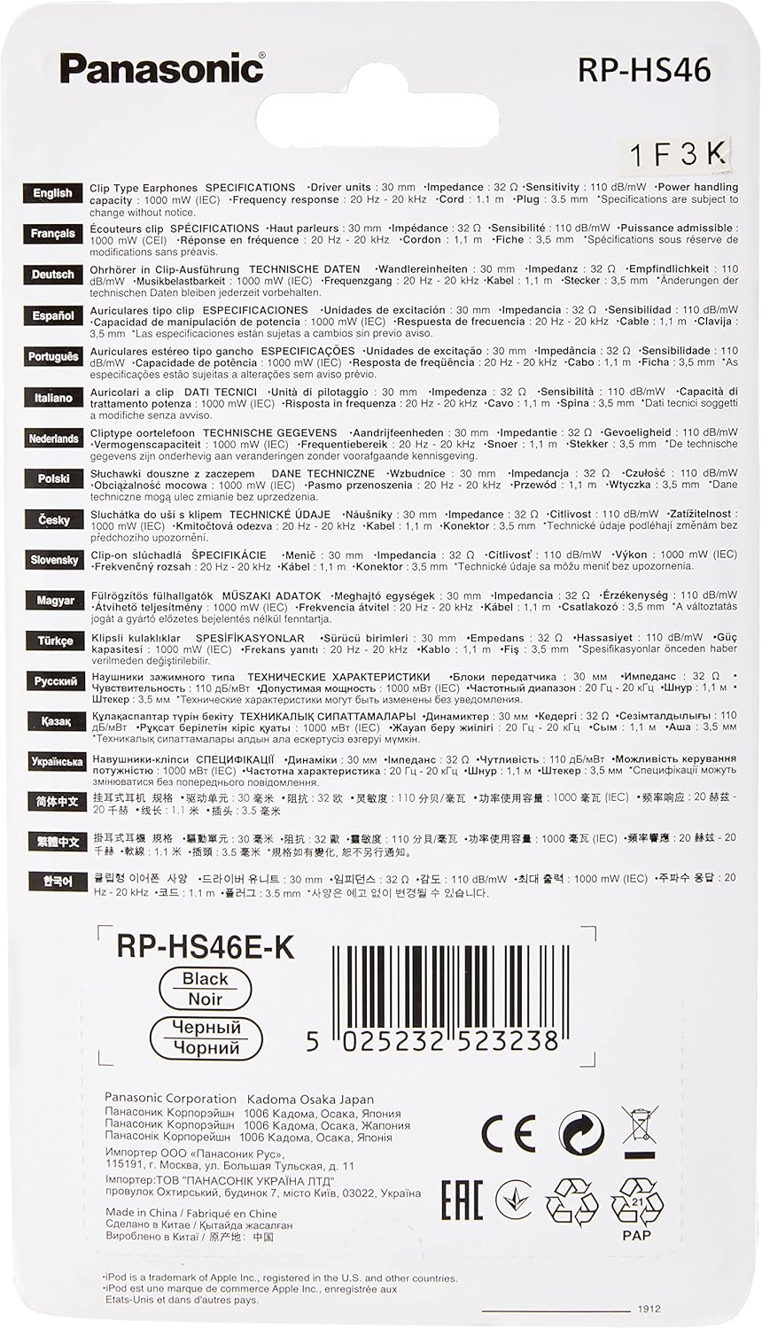 Panasonic RPHS46K Clip-On Headphones Black