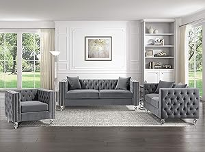Lexicon 194840120681 Spencer 3-Piece Gray Velvet Living Room Set