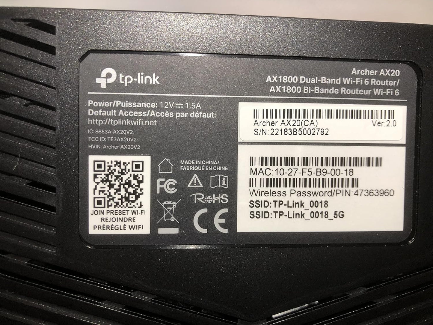 TP-Link AX1800 Archer AX20 WiFi 6 Router, Dual-Band (Refurbished)