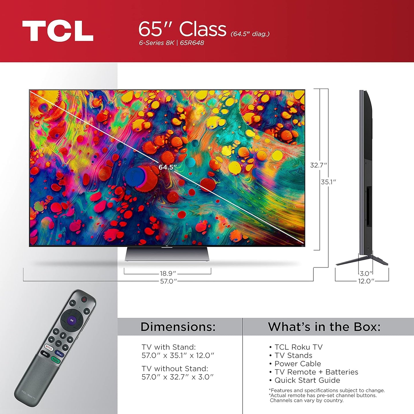 TCL 65R648 65-inch 8K Mini-LED QLED Roku Smart TV