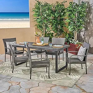Misc 7-Piece Acacia Wood Outdoor Dining Set with Wicker Chairs — main product image