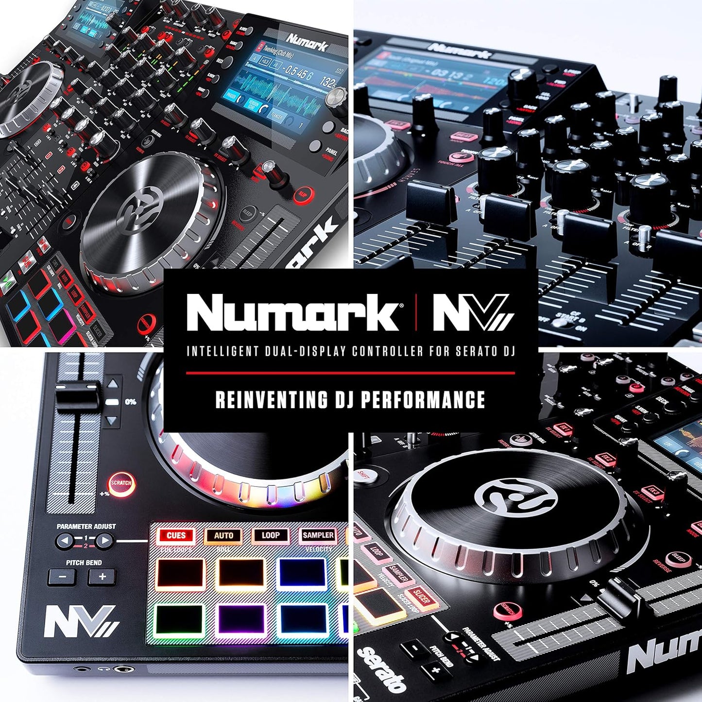 Numark NVII Serato DJ Controller: 4-Deck, Dual Displays, Performance Pads