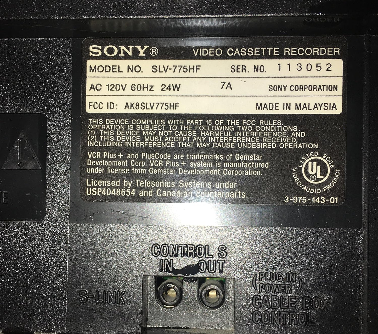 Sony SLV-775HF VCR Player with AV Cables