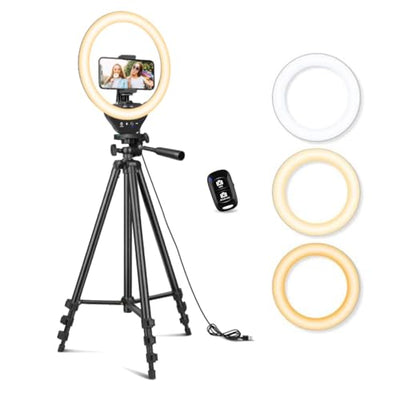 Sensyne 10'' Ring Light with 50'' Extendable Tripod Stand, LED Circle Lights with Phone Holder for Live Stream/Makeup/YouTube Video/TikTok, Compatible with All Phones