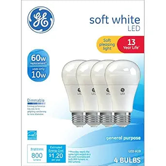 GE 67615 LED Soft White A19 Dimmable Bulb 4-Pack
