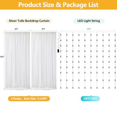 Chesjin White Sheer Tulle Backdrop Curtain with Fairy Lights