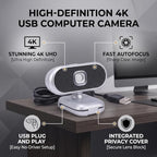 VBESTLIFE 4K Autofocus Webcam with Privacy Cover