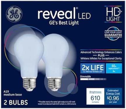GE Reveal LED A19 Light Bulbs Dimmable 2-Pack