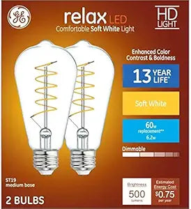 GE 93117616 Relax 60W ST19 Dimmable Edison LED 2-Pack