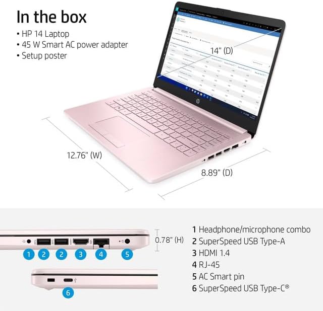 HP Premium 14" HD Laptop - Intel Quad-Core, 8GB RAM, 576GB SSD, Windows 11 - Pink