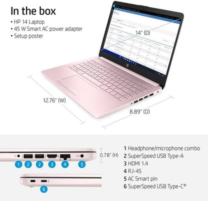 HP Premium 14" HD Laptop - Intel Quad-Core, 8GB RAM, 576GB SSD, Windows 11 - Pink