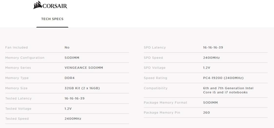 Corsair CMSX32GX4M2A2400C16 32GB DDR4 2400MHz SODIMM Laptop Memory