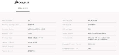 Corsair CMSX32GX4M2A2400C16 32GB DDR4 2400MHz SODIMM Laptop Memory