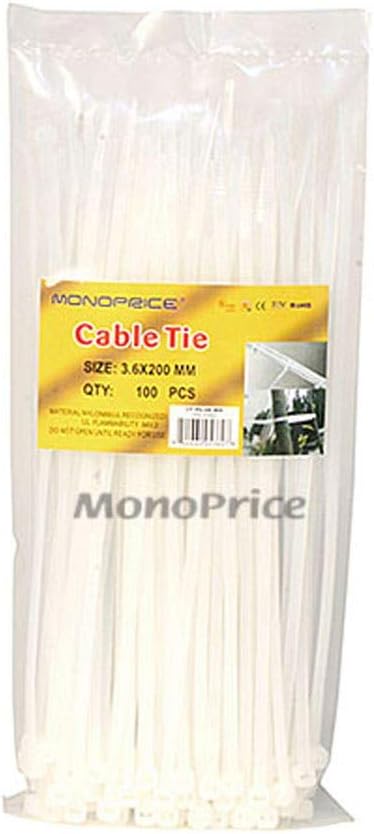 Monoprice 105762 Cable Tie 8 inch 40LBS White 100-Pack