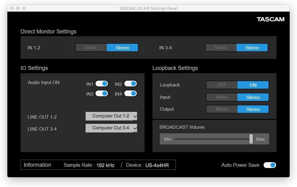 Tascam US-4x4HR USB Audio Interface - High Resolution 4x4 for Recording