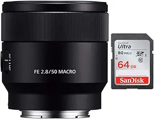 Sony SEL50M28 FE 50mm Macro Lens + 64GB SD Card — main product image