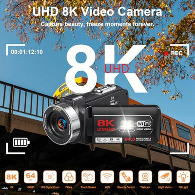 Yollner 8K Video Camera Camcorder with WiFi and Night Vision
