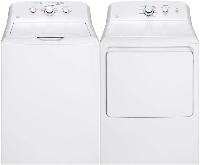 GE GTW335ASNWW GTD33EASKWW Top Load Washer Dryer Set — main product image