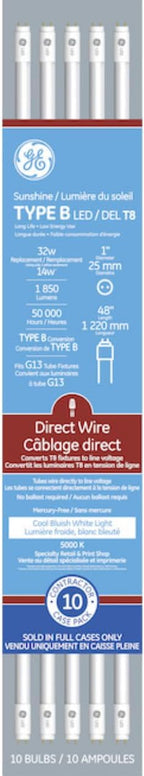 GE 93128865 T8 LED Tube 4ft 15W 5000K Cool White 10-Pack