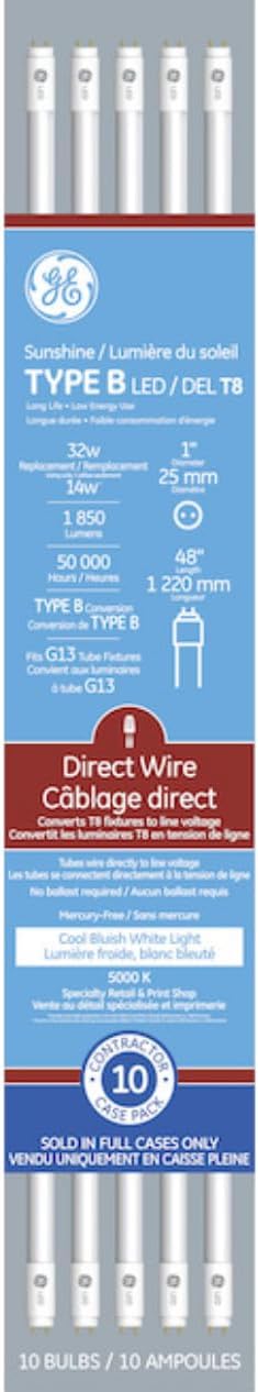 GE 93128865 T8 LED Tube 4ft 15W 5000K Cool White 10-Pack