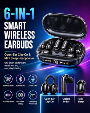 Gftrbn 6-in-1 Open-Ear Clip-On Wireless Earbuds
