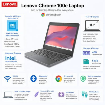 Lenovo 11.6" IPS Chromebook with Intel N150 Processor