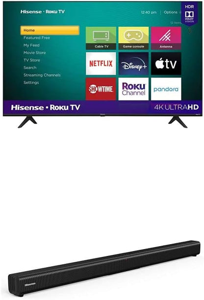 Hisense 43-Inch Roku Smart TV - 4K UHD, Sound Bar Bundle