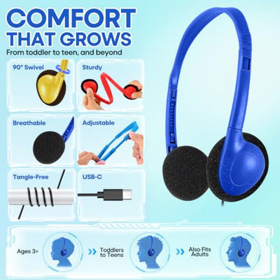 Wensdo HY857C USB-C Wired Kids Classroom Headphones, 10-Pack