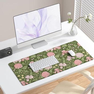 Niniubye Pink Retro Floral Desk Mat and Gaming Mouse Pad
