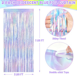 ZATAYE Iridescent Blue Foil Fringe Curtain Backdrop 2-Pack
